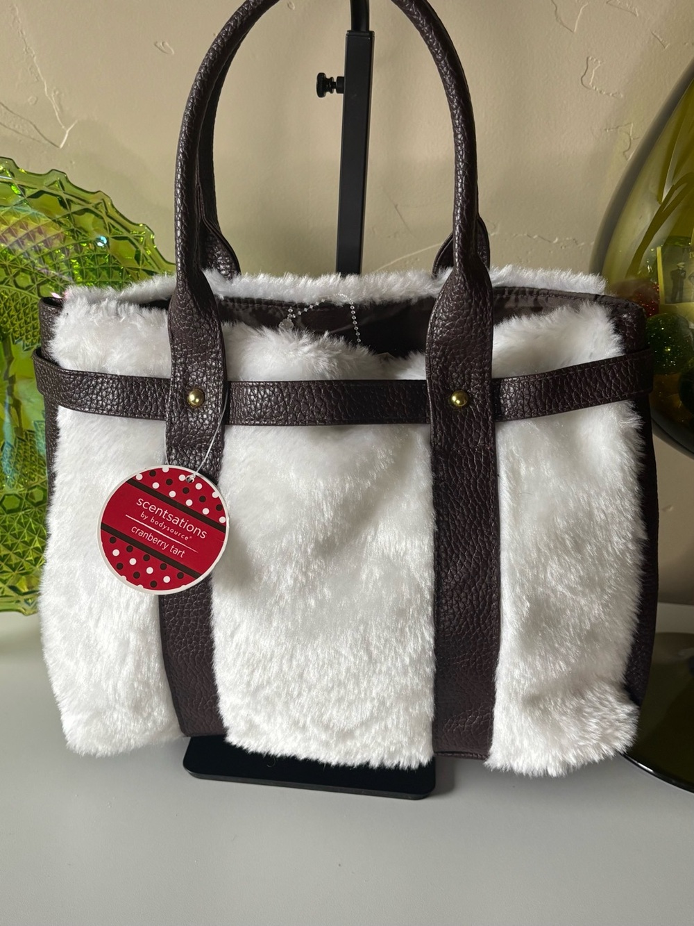 Faux Fur Tote Bag - White with Dark Brown Trim, NWT